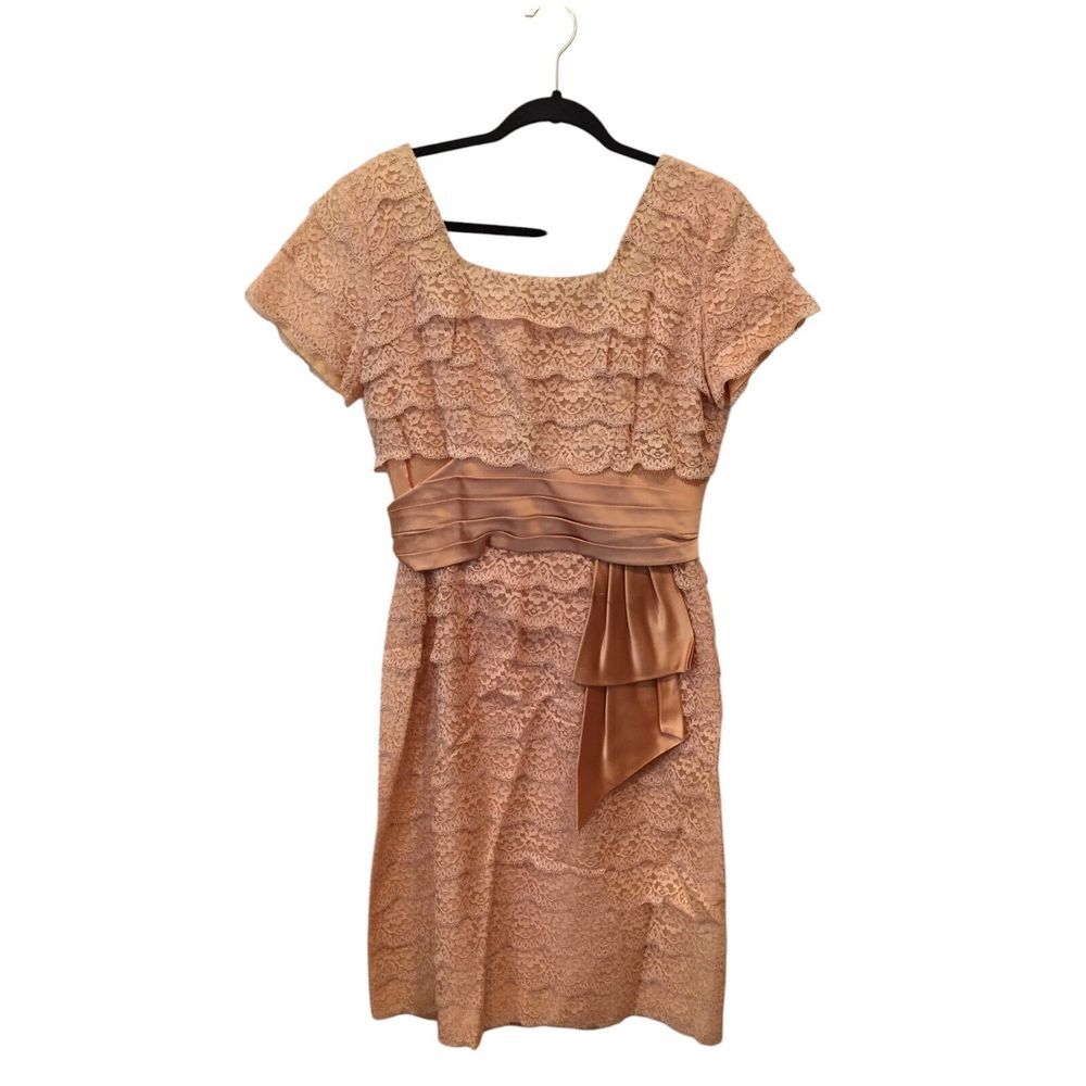 Cocktail Dress Pink Floral Layered Scallop Lace Womens Short Sleeve Back Zip Vtg